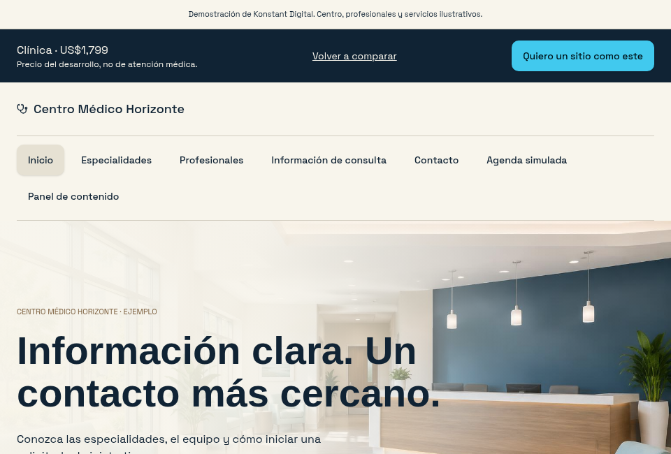 Captura real de la demostración Centro Médico Horizonte en computadora