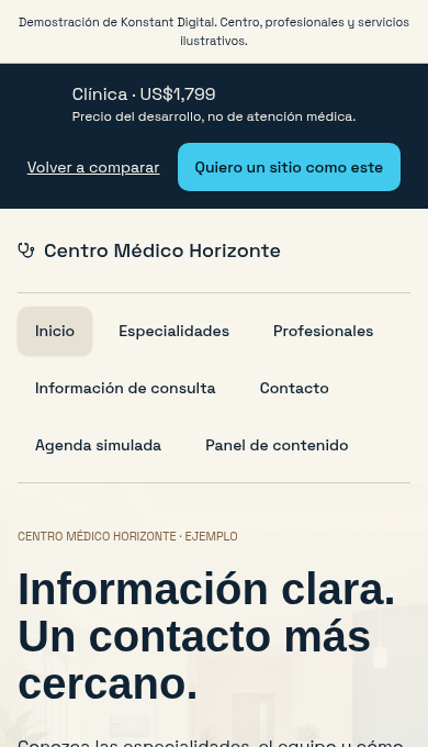 Captura real de la demostración Centro Médico Horizonte en celular
